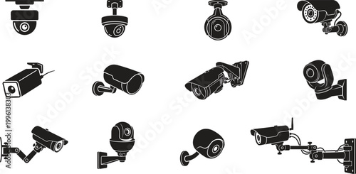 Professional CCTV surveillance camera vector silhouettes featuring dome and bullet styles for security agency logos and monitoring service advertising