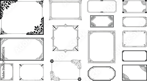 Vintage decorative frame silhouette set featuring ornate corner borders and classic rectangular label designs for wedding invitations and antique stationary