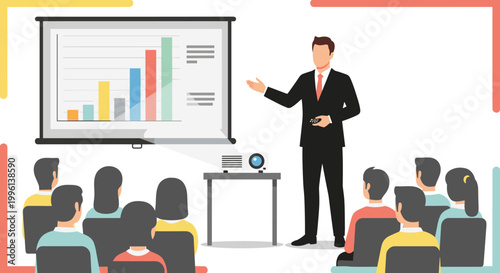 A confident businessman delivers a presentation, gesturing towards a projected graph with ascending colorful bars, engaging an attentive audience seated in a modern conference