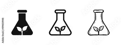 Lab flask with growing plant icon set for biotechnology and eco-science