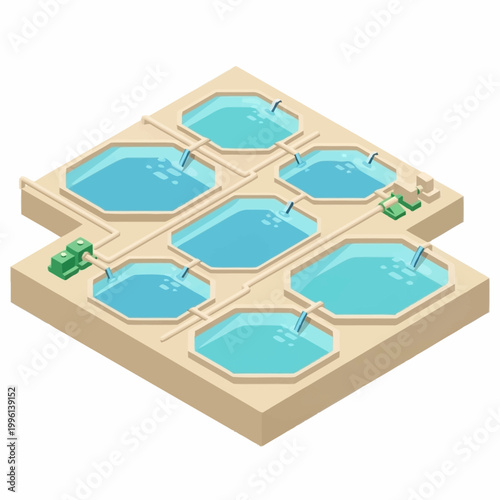 Aquaculture fish farm with multiple hexagonal tanks and pumps.