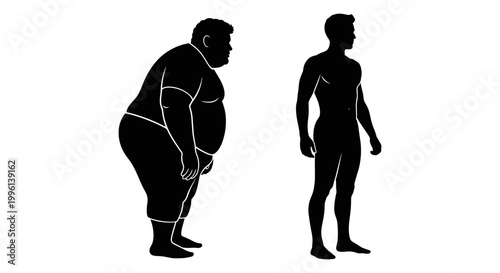 Obesity, weight, comparison, silhouette icons, black, white background