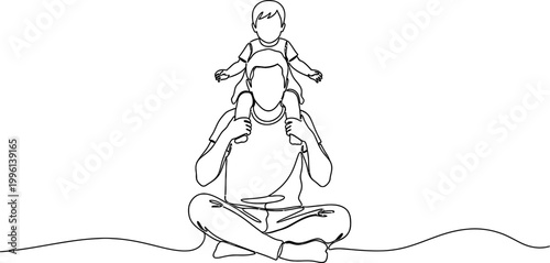 a father carries his child on shoulders in a minimalist line drawing