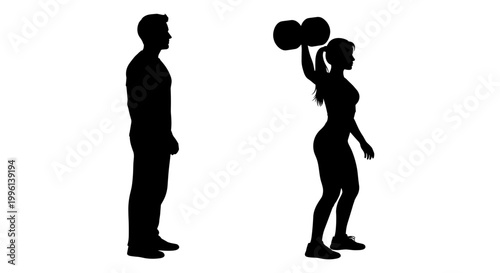 Black silhouette icons of man and woman lifting weights, fitness vector graphics