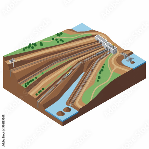 Diagram of a hydroelectric power plant and dam construction.