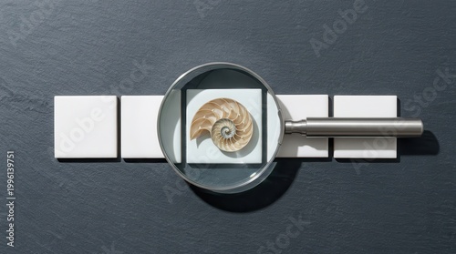A magnifying glass examines a fossilized seashell on a white square amidst white tiles on a dark surface.