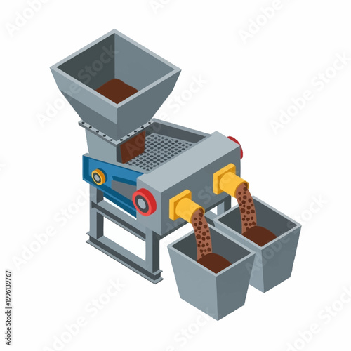 Industrial coffee bean processing machine with hoppers and output bins.
