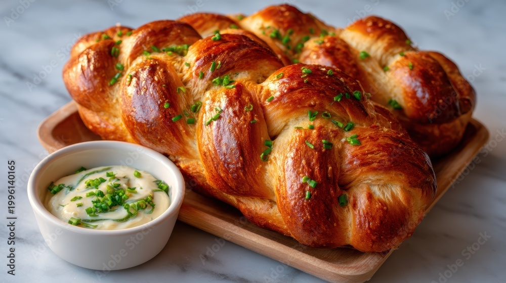 © svastix - A freshly baked braided bread, golden and fluffy, presented on a wooden platter with a small bowl of creamy butter, perfect for showcasing delightful culinary creations. © svastix - A freshly baked braided bread, golden and fluffy, presented on a wooden platter with a small bowl of creamy butter, perfect for showcasing delightful culinary creations.
