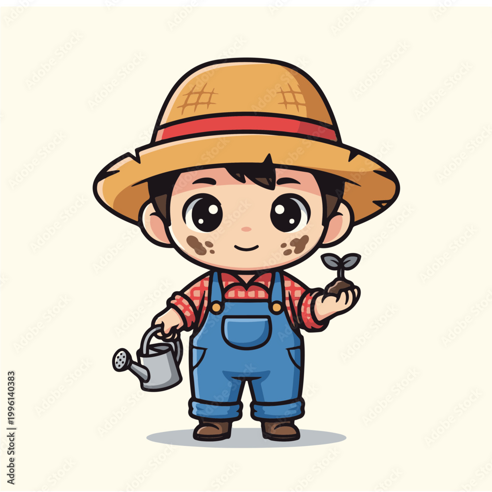 Obraz premium A cute cartoon young farmer boy happily holding a watering can and a fresh green plant sprout, embodying the joy of gardening and agriculture for children