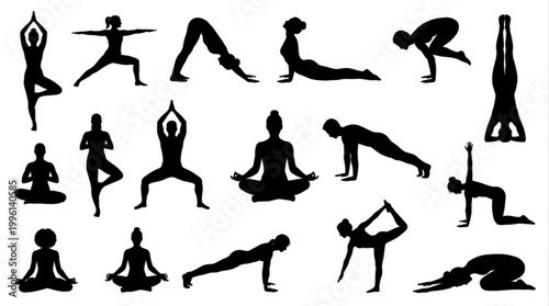 Silhouettes of women performing various yoga and stretching poses, illustrating flexibility, mindfulness, and a healthy lifestyle