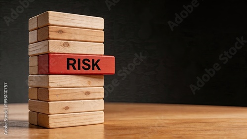 Risk block on tower risk management concept danger in business project financial security investment challenge corporate strategy unstable situation warning signal uncertainty
