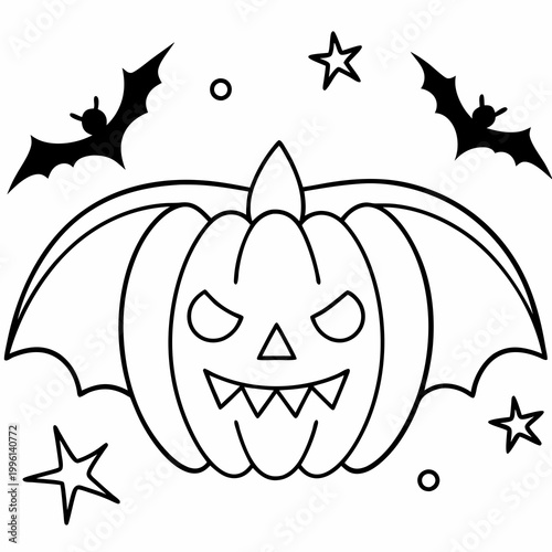 A spooky Halloween pumpkin with bat wings and a wicked grin surrounded by stars and a creepy atmosphere for coloring book illustrations.