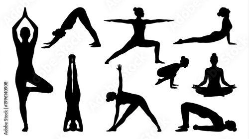 Empowering Yoga Silhouettes Showcasing Graceful Postures, Promoting Mindfulness, Flexibility, and Holistic Well-being Practices