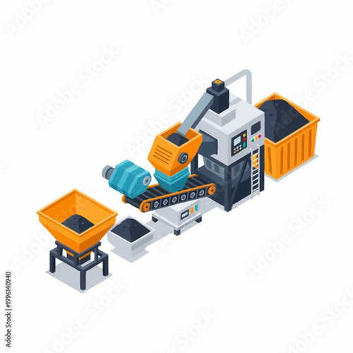 Industrial production line with machinery and raw materials.