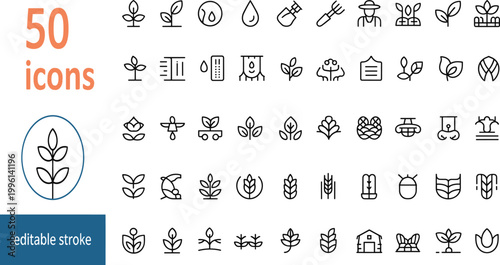 Agriculture and farming line icons set, plant growth, seeds, water droplets, farmer tools, barns, editable stroke vector illustration