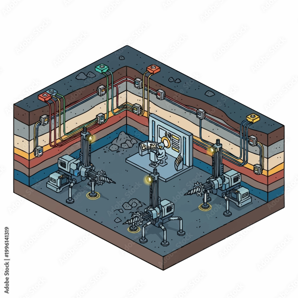 Obraz premium Isometric cross section of a futuristic industrial facility with robots and machinery.
