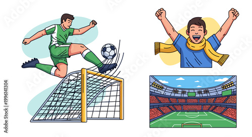 Dynamic soccer scene depicting a player kicking the ball towards the goal, a jubilant fan celebrating, and a detailed stadium view, all rendered in vibrant colors with clean