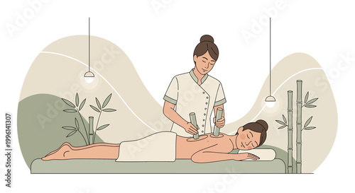 Acupuncturist Performing Cupping Therapy on a Woman's Back for Relaxation and Wellness