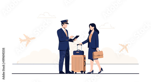 Airport security check: Officer inspects passenger's luggage and passport at departure gate