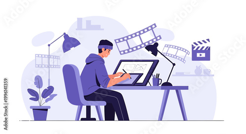 Animator working on digital tablet, film strips, clapperboard, creative process