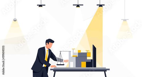 Architectural model presentation with businessman and scale model on table