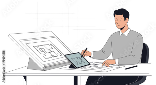 Architectural designer working on digital blueprint plan with stylus on tablet and paper