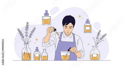 Aromatherapy preparation: man mixing essential oils with lavender and bottles