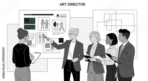 Art director presenting fashion designs to a team in a meeting