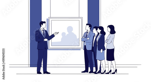 Art exhibition tour: Guide explaining painting to diverse group of visitors in gallery