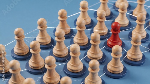 Business chess strategy concept wooden game pieces connected by dotted lines representing digital network and communication system