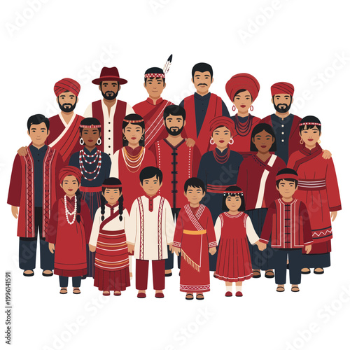 Diverse People in Traditional Red Ethnic Clothing, Community Group Portrait