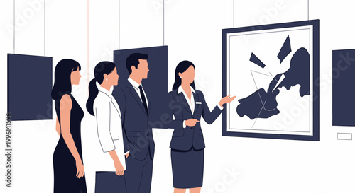 Art gallery tour: people viewing abstract painting with guide explaining