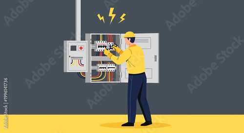 Electrician working on electrical panel, sparks flying, safety concept
