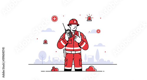 Emergency responder in red uniform with radio, communication, safety, first aid icons