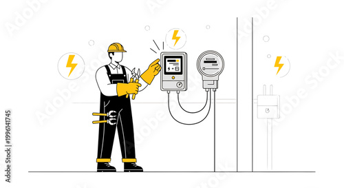 Electrician working on electrical panel, safety equipment, power system maintenance
