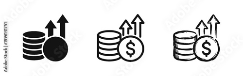 Financial growth and coin stack icons with upward arrows in three design styles