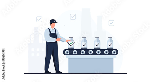 Factory worker inspecting quality control on a pharmaceutical production line with vials on a conveyor belt.