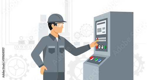 Factory worker operating industrial machinery control panel, manufacturing process