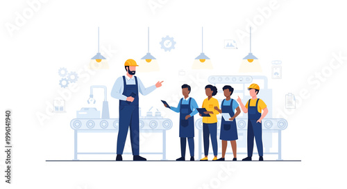 Factory worker training new employees on assembly line with supervisor