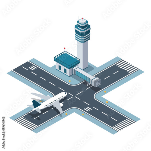 Isometric Airport Scene - Airplane on Runway with Control Tower.