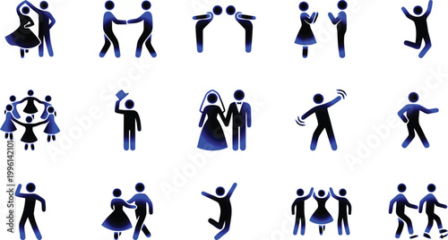 Stick figures of people in various dance poses and social interactions on white background  fun and lively illustrations for design use