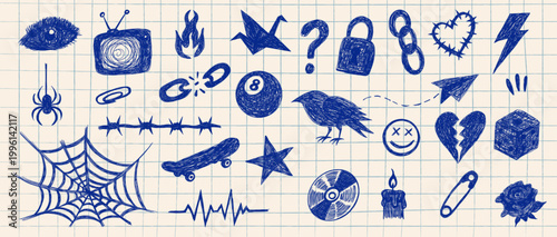 Grunge punk scribble doodle elements love, irritation, anger doodles. Hand drawn blue ball pen sketch grunge illustrations. Rebellious scribble art for posters, edgy collage, alternative art, social m