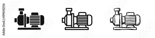 Industrial water pump and electric motor icons in solid, line, and hand-drawn styles