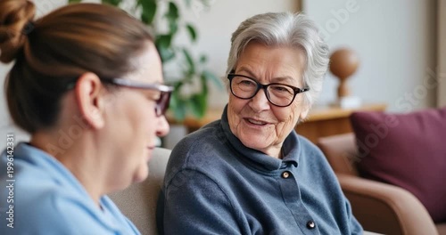 Empathy and Support: A compassionate caregiver provides comfort and companionship to a smiling senior woman, fostering a sense of warmth and understanding.