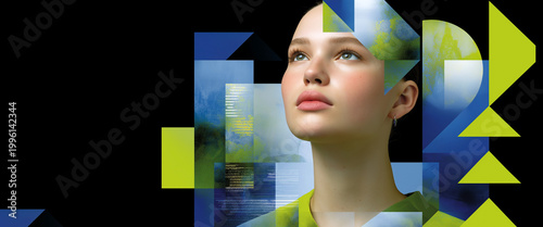 Futuristic portrait of young woman with geometric shapes and digital overlay on black background