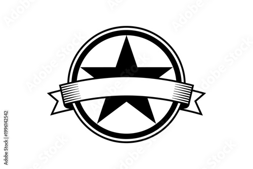 Blackandwhite star symbol with ribbon banner in circle frame