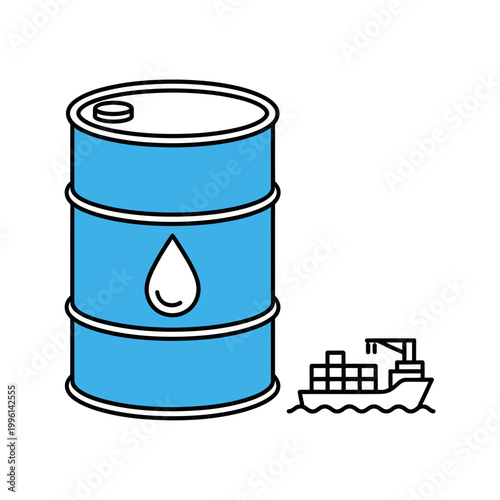 Blue oil barrel with a drop symbol and a cargo ship
