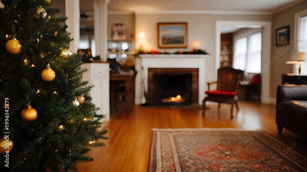 Fototapeta premium A festive and cozy view of a decorated living room featuring a Christmas tree warm fireplace and patterned rug