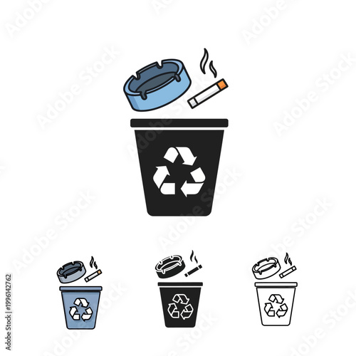 Recycling bins with cigarette butts and ashtrays on top  various colors and styles  waste management icons