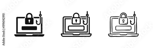 Cybersecurity Phishing Attack Icon Set with Laptop and Hook